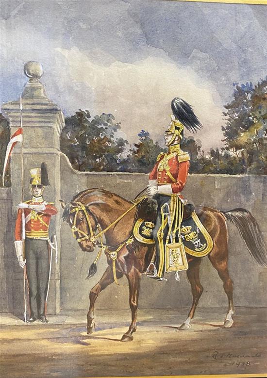 R.J. Mau.imechangier ..., watercolour, Officer and Lancer of the XVII Lancers 1833-39, signed and dated 1938, 37 x 28cm